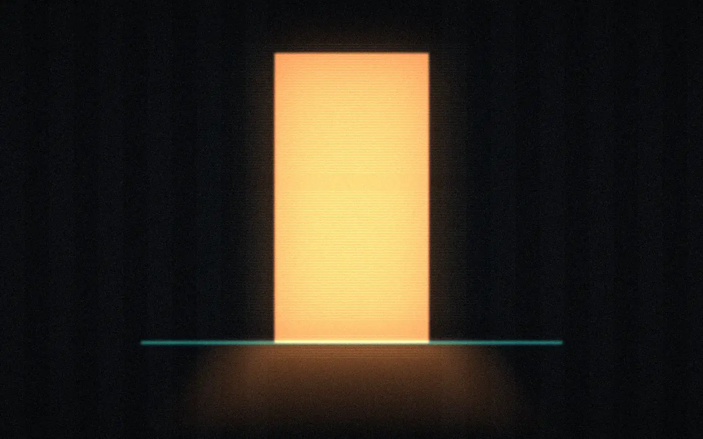 A bright doorway of amber light in a dark room with a single teal line across the floor.