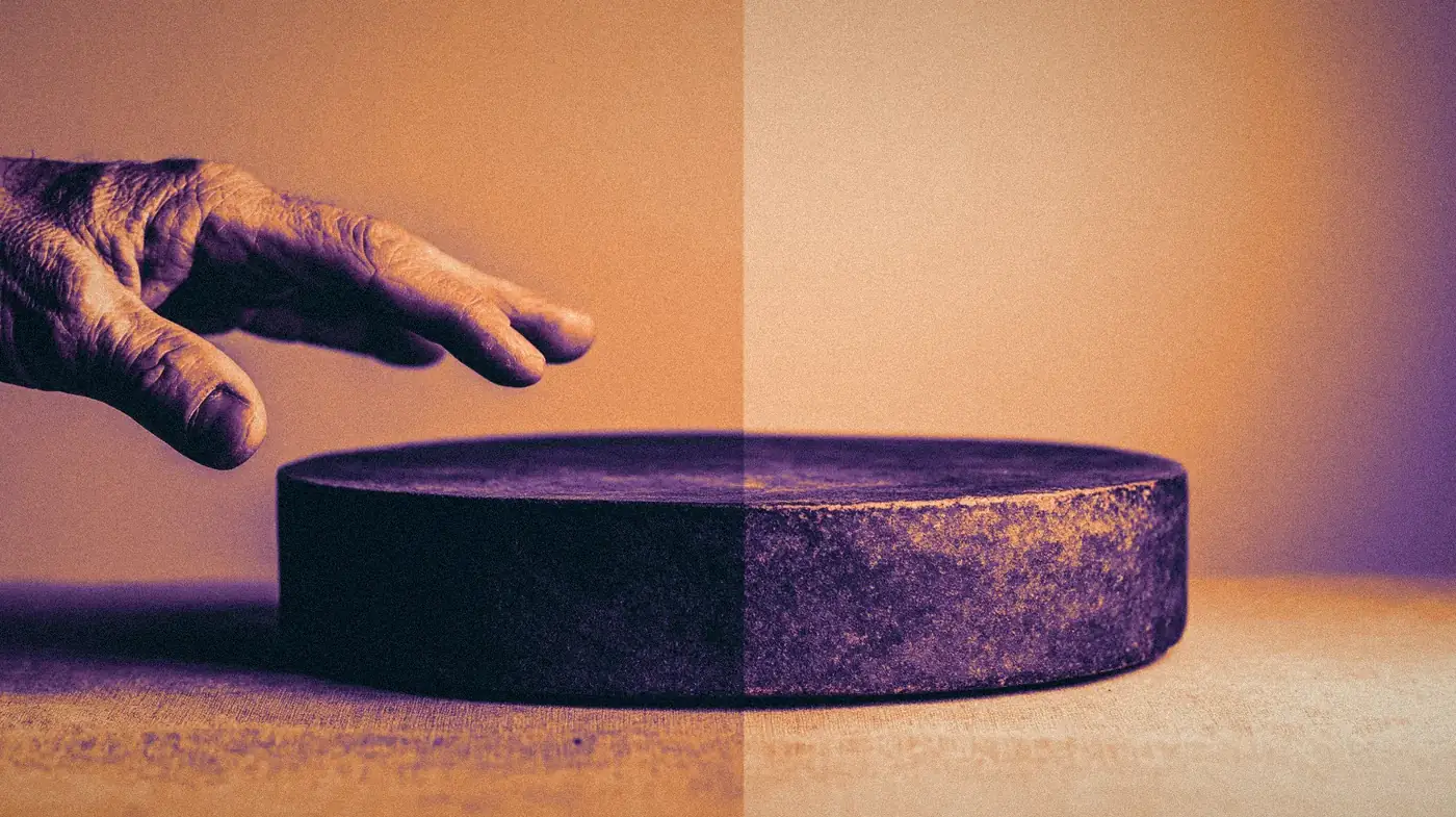 A hand approaching a dark stone disc